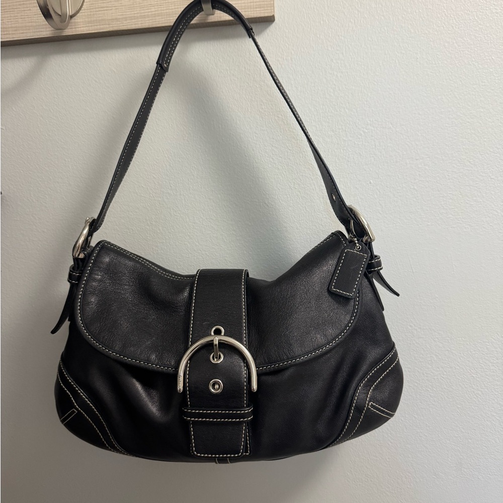 Coach Black Leather Shoulder Bag with Silver Accents